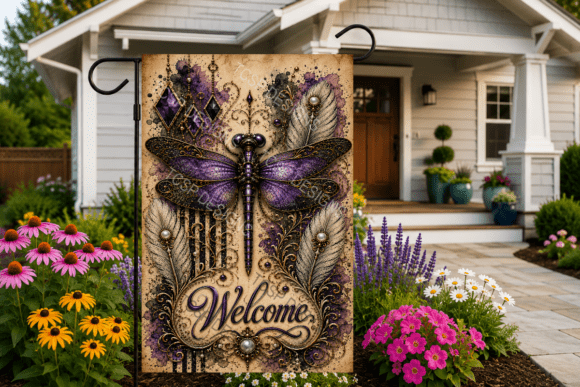 Download Antiqued Dragonfly Welcome Garden Flag - Premium Resources
